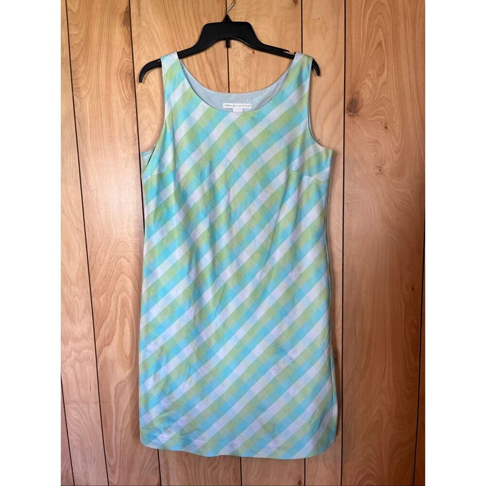 100% SILK Natural Instincts VTG 90s Gingham Dupioni Shift Dress L Blue Green Mod